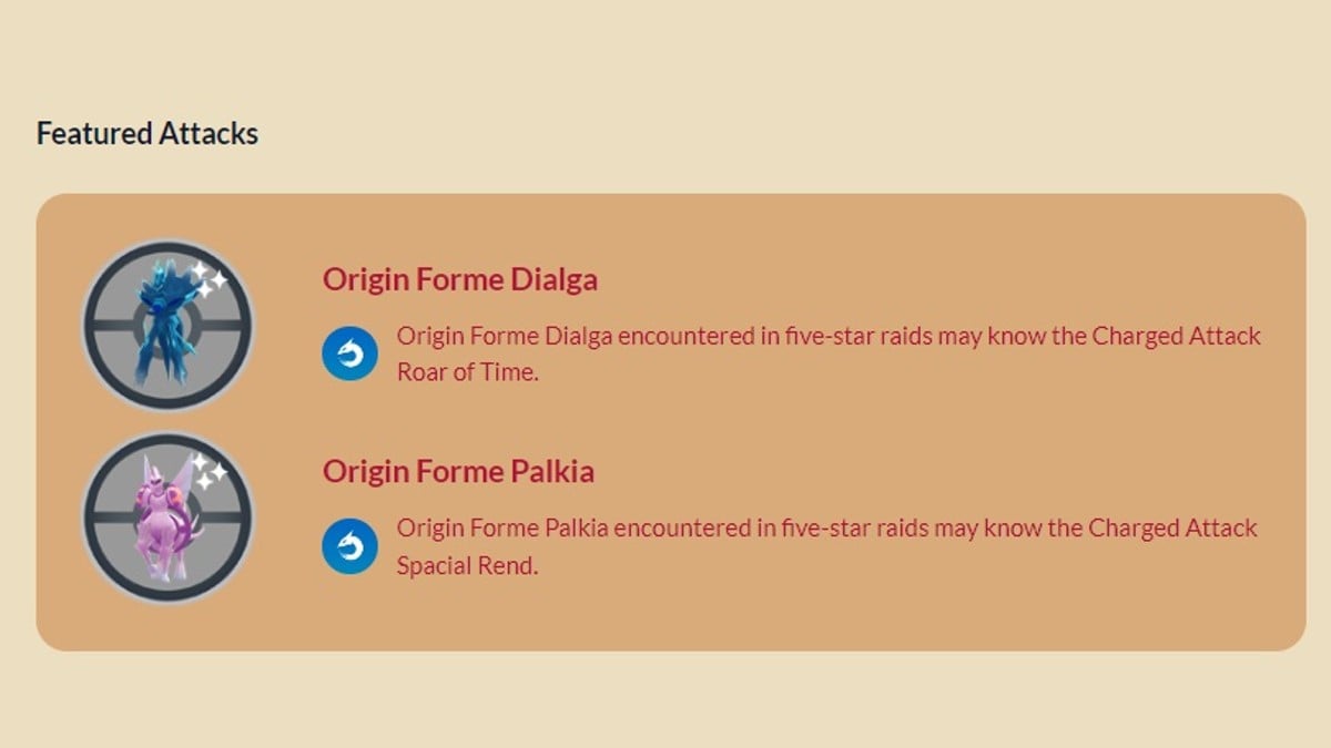 Origin Forme Dialga and Origin Forme Palkia Charged Attacks Pokemon GO