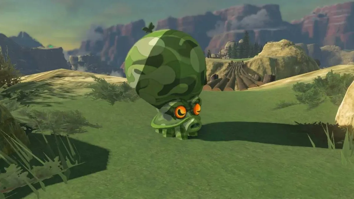 A forest Octorok from Tears of the Kingdom stands in front of a pleasant, tree-filled, vista in-game.