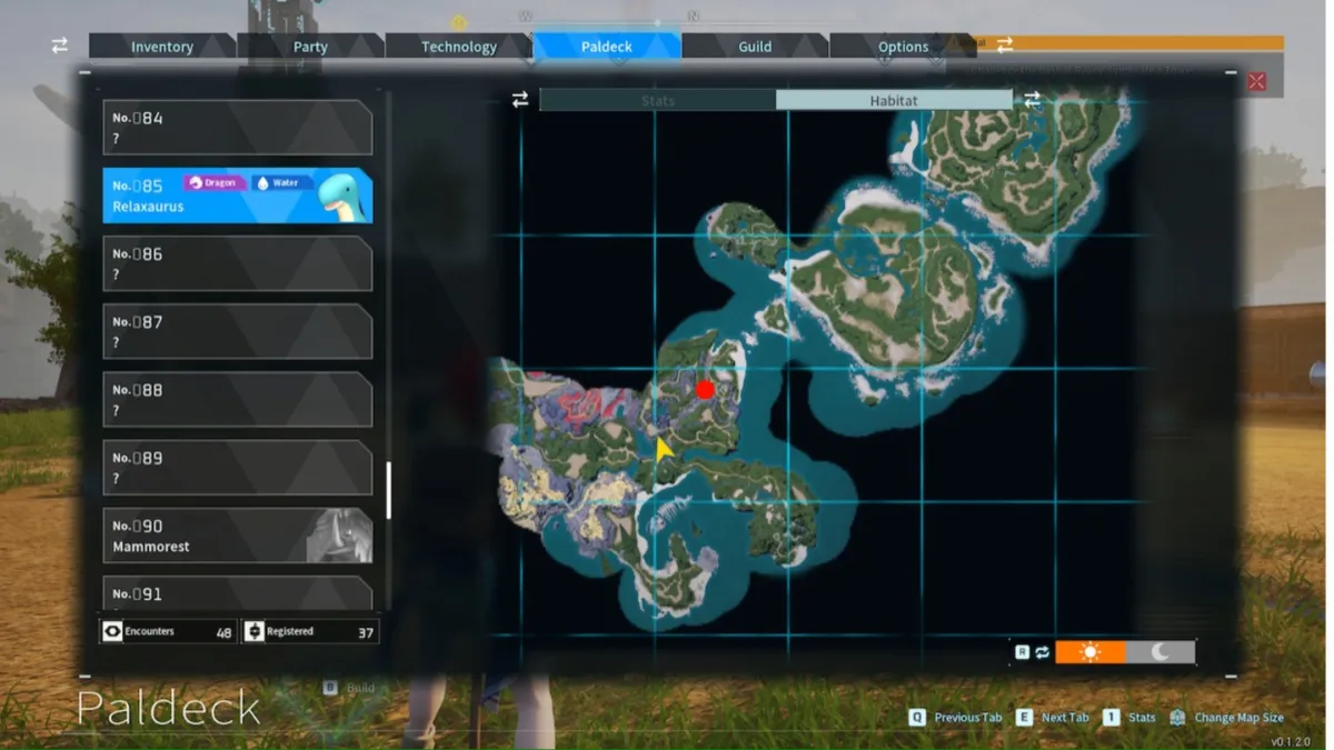 Palworld screenshot of Relaxaurus's habitat location on the world map