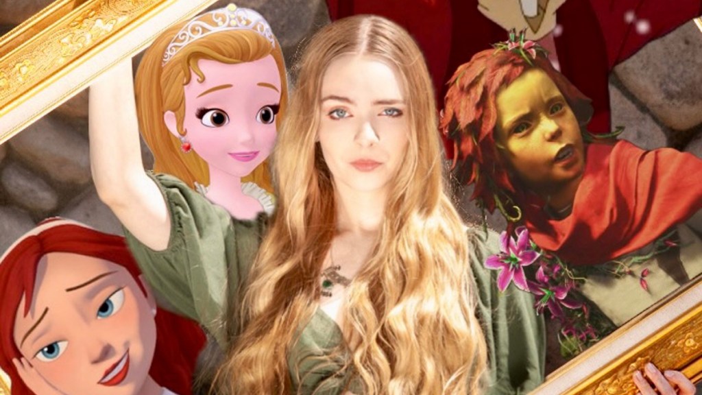 Darcy Rose Byrnes, a young caucasian woman with long blonde hair, stands looking directly into camera while surrounded by some of the well-known characters she has voiced, including Poison Ivy.
