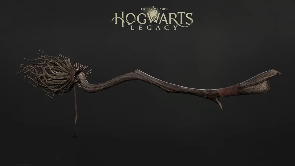 The Family Antique Broom hovers in front of a blank background. The broom is gnarled and crooked with branches at the end instead of bristles. This would not be good to sweep your floor with. Text in image reads, "Portkey Games: Hogwarts Legacy"