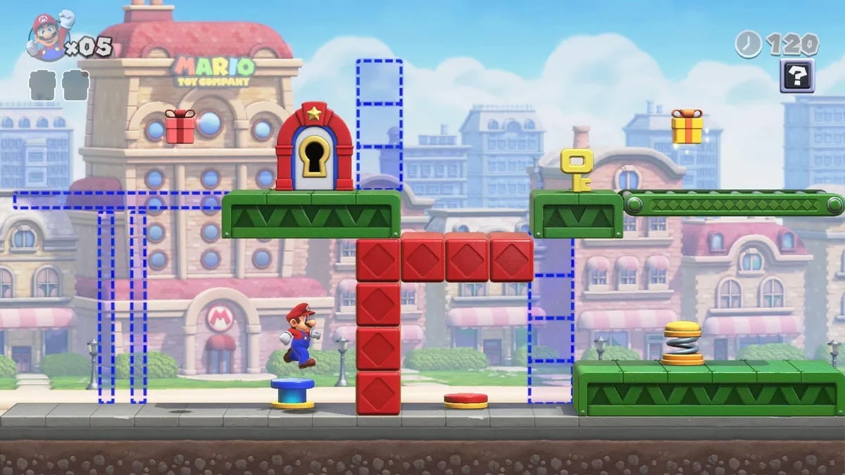 Mario makes his way through a brightly colored obstacle course. In the background, a European-style city.