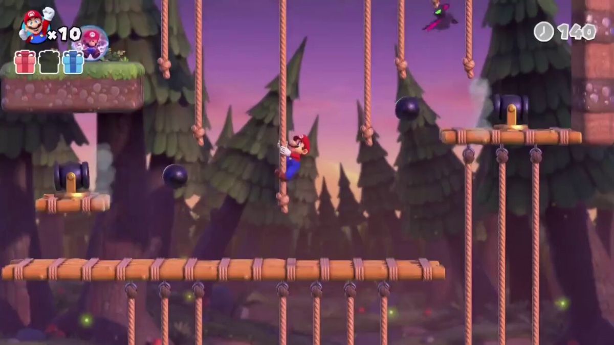 Mario climbs a rope, evading several foes, and makes his way to a Mini-Mario. The background features several sharp-looking bent pines and a twilight sky.