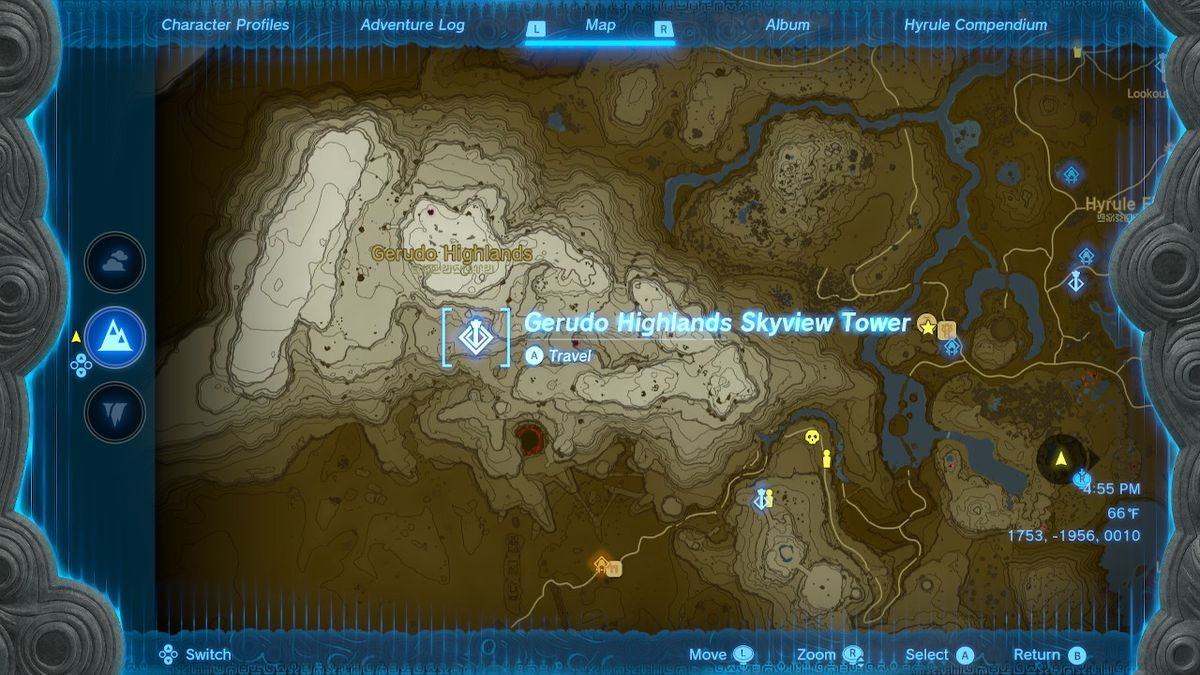 A map of Hyrule, with the Gerudo Highlands Skyview Tower highlighted.