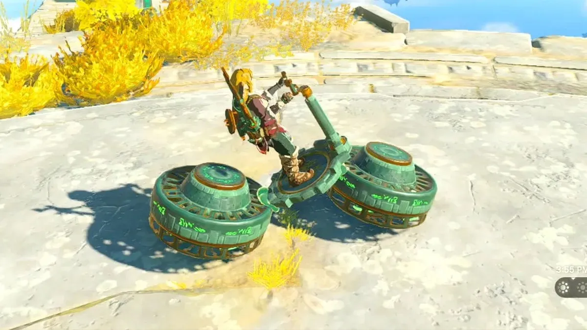Link tests out a. completed hover bike on a sunny day.