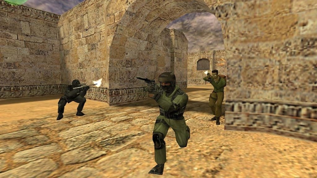 A crouching terrorist shooting at the counter-terrorist force in Counter-Strike (CS)