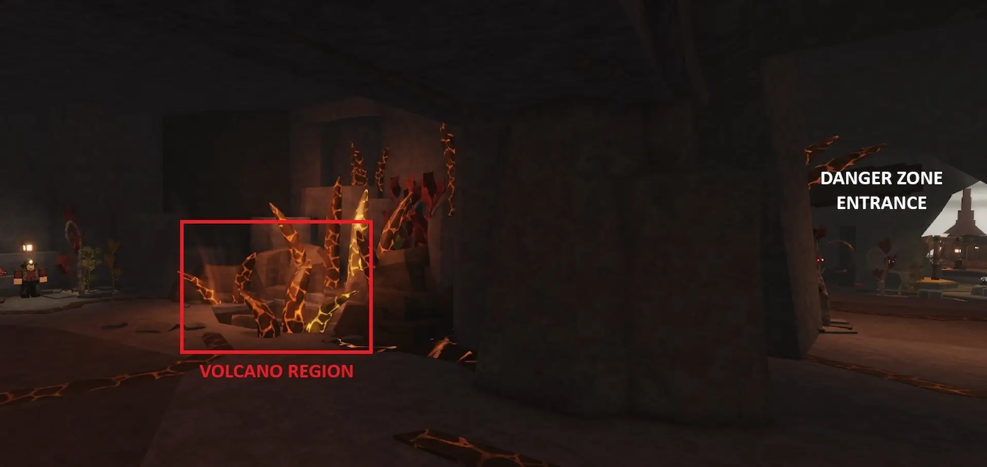 Volcano region entrance in The Forge Roblox experience