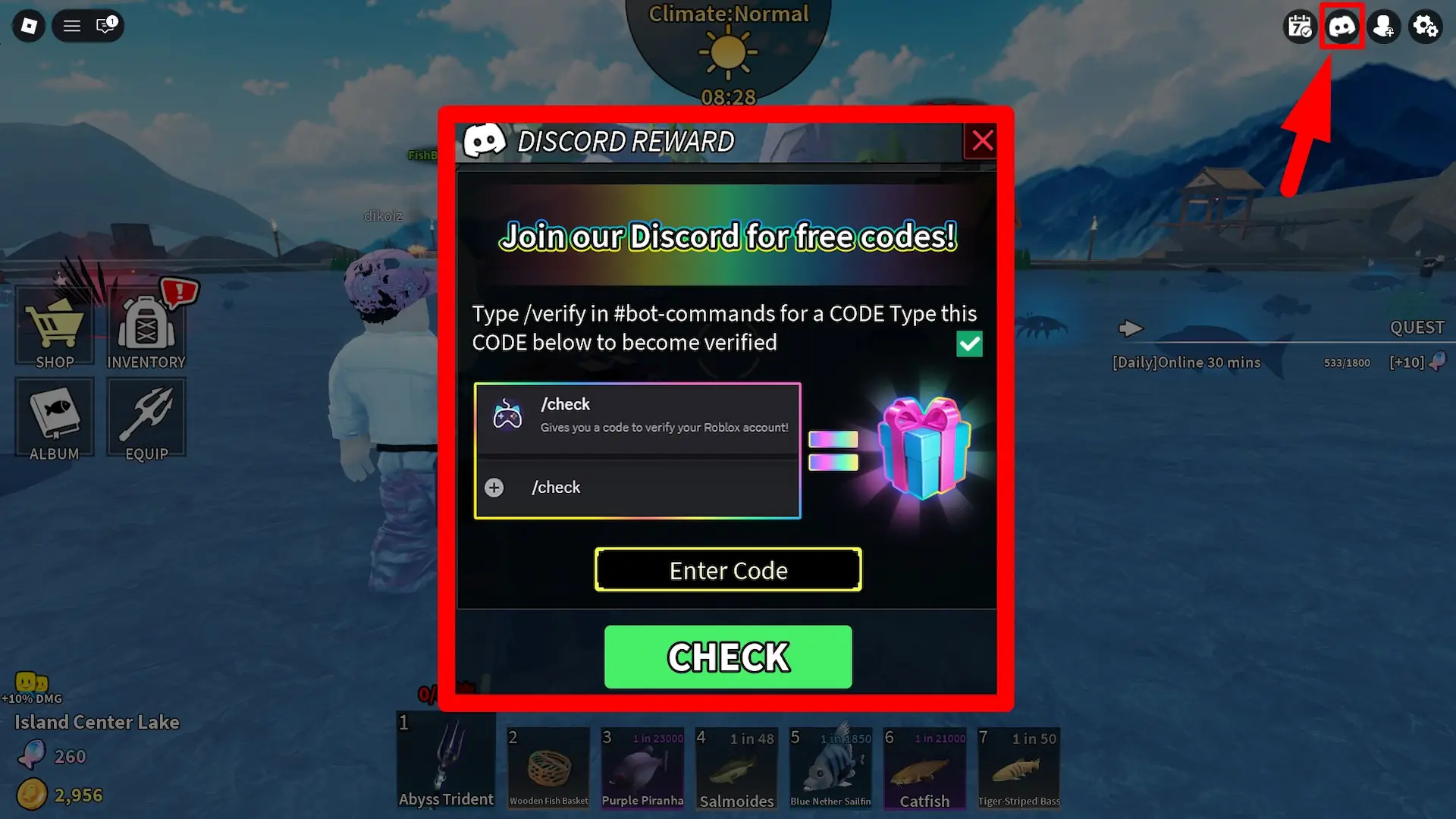 How to redeem codes in the Spear Fishing Roblox experience