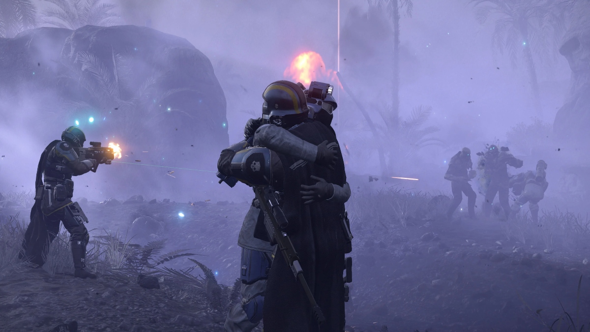 Characters in Helldivers 2 embracing