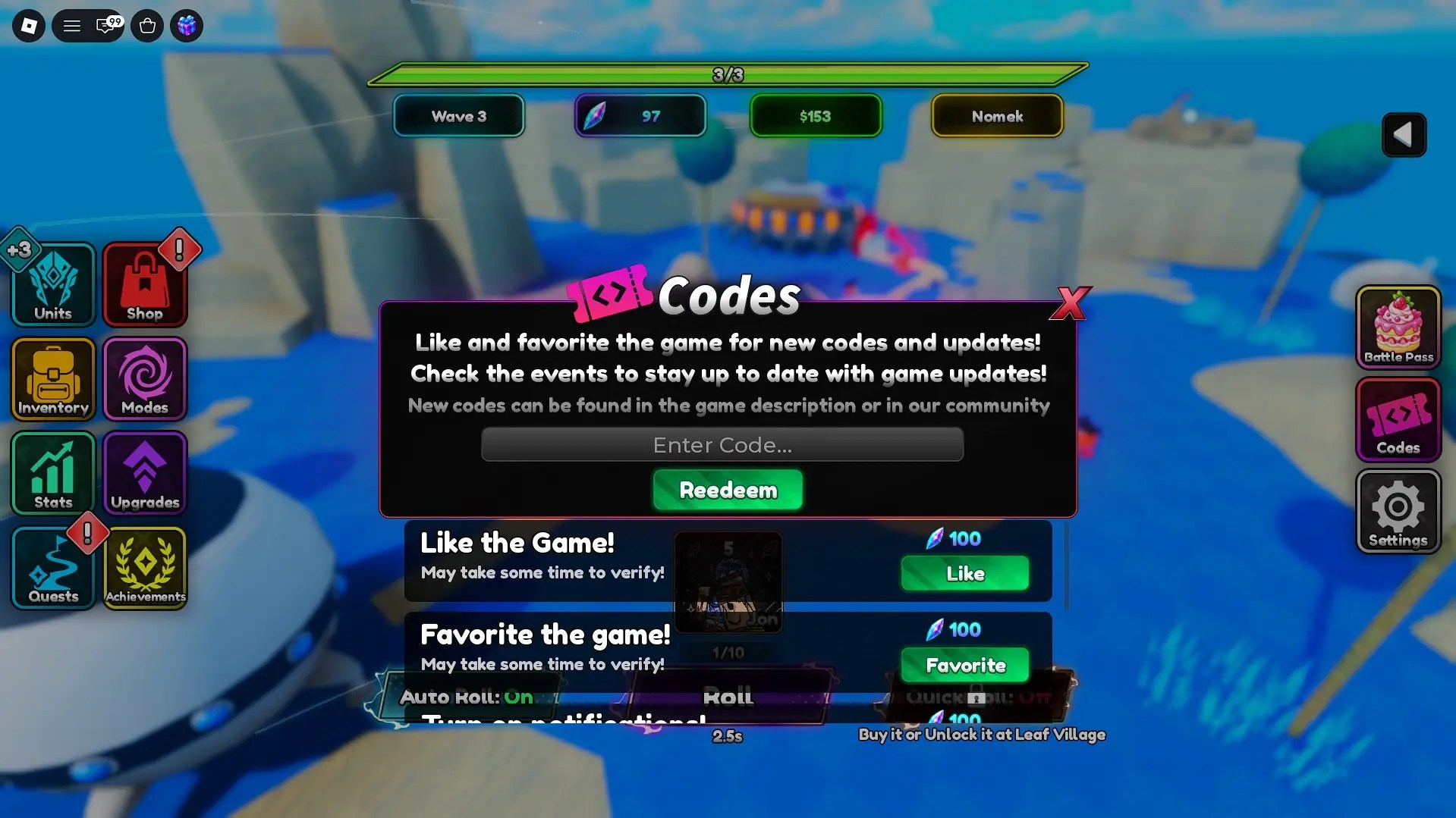How to redeem Anime RNG Defense codes