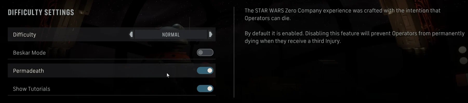 Star Wars Zero Company permadeath difficulty setting
