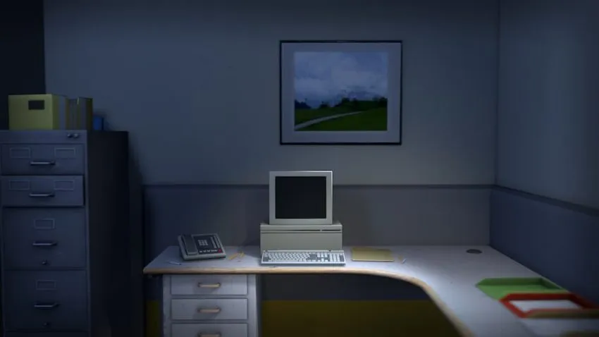 The Stanley Parable screeshot showing a table and an old computer on it and a picture on the wall