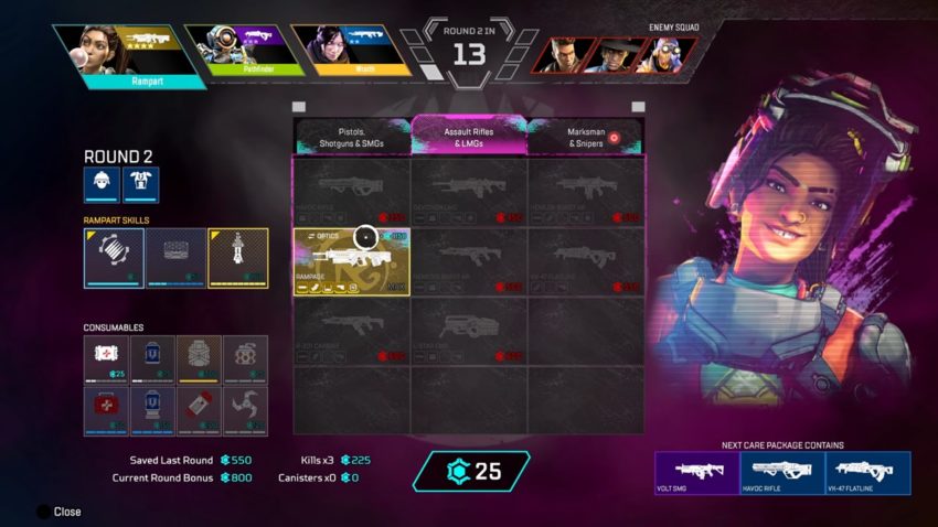 Rampart Extravaganza Arenas Takeover weapon select