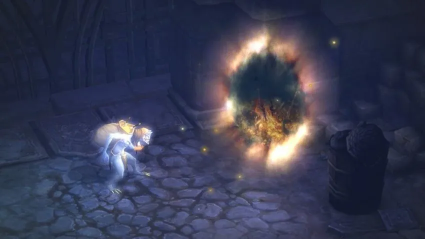 Diablo III screenshot showing a creature in front of a portal