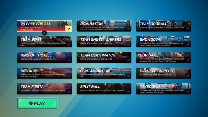 Mode selection screen in Splitgate with Free For All selected.