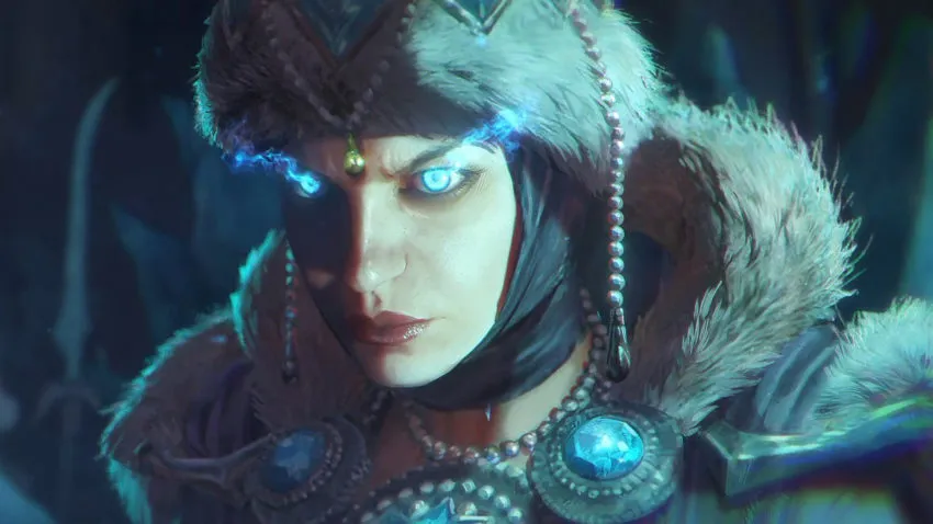 Warhammer Woman wearing snow clothes with blue glowing eyes