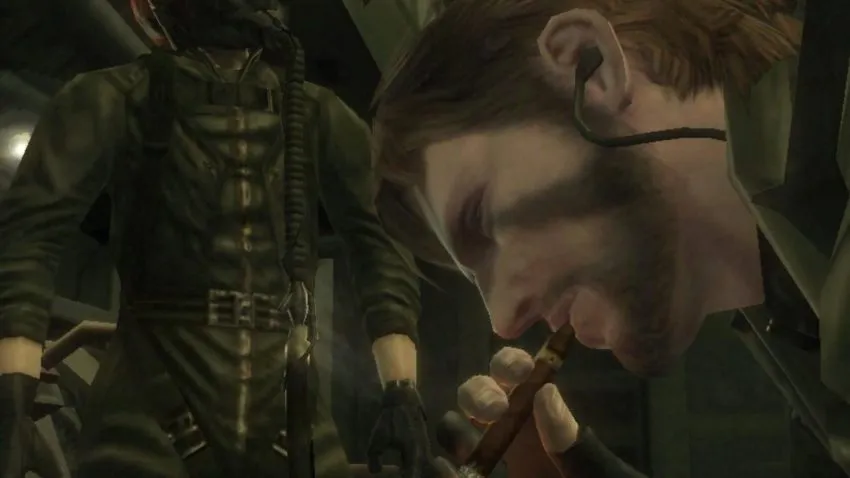 Screenshot of Snake smoking a cigar in Metal Gear Solid 3 on the 3DS