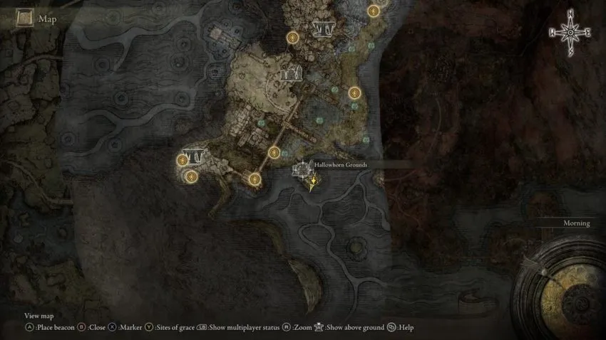 Screenshot of Elden Ring's map showing the location of each lantern needed to fight Ancestor Spirit.