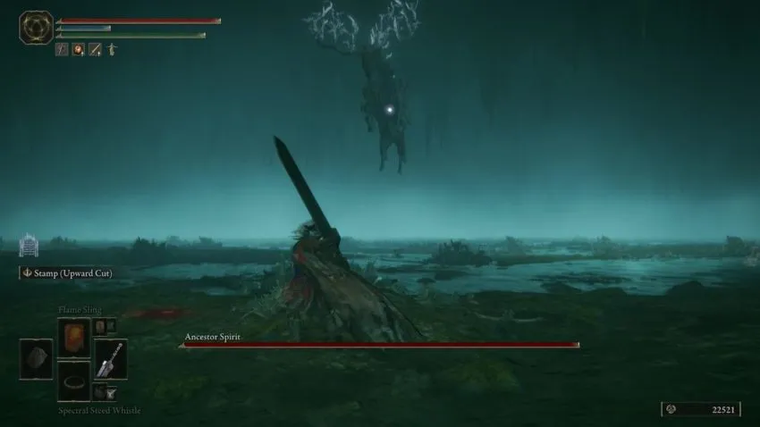 Screenshot of Elden Ring depicting Tarnished fighting the boss, Ancestor Spirit.