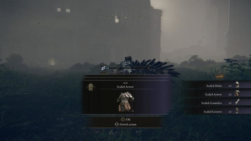 Screenshot of Elden Ring showing Tarnished picking up the Scaled Armor