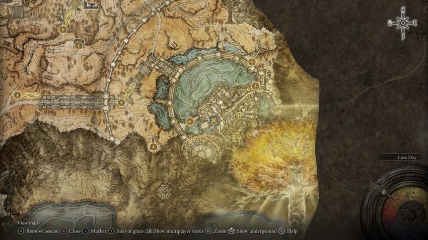 Screenshot of Elden Ring's map showing the location of the summoning sign needed to get the raging wolf armor