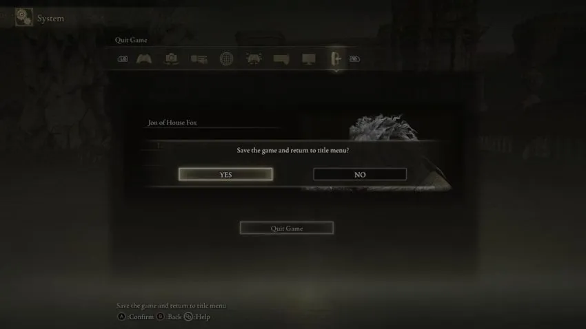 Screenshot of Elden Ring's "save and quit" menu
