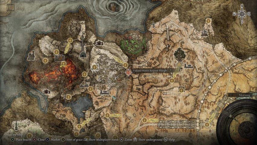 Screenshot of Elden Ring's map showing the location of Rileigh the Idle