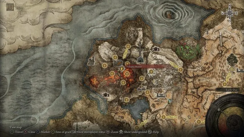 Screenshot of Elden Ring's map showing the location of Volcano Manor