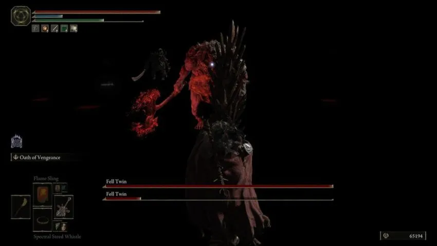 Screenshot of Elden Ring showing Tarnished fighting against the Fell Twins