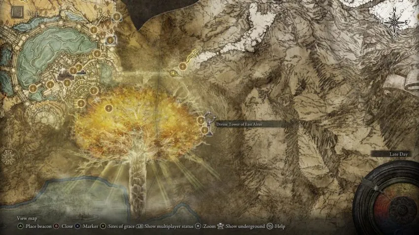 Screenshot of Elden Ring's map showing the location of the Divine Tower of East Atlus
