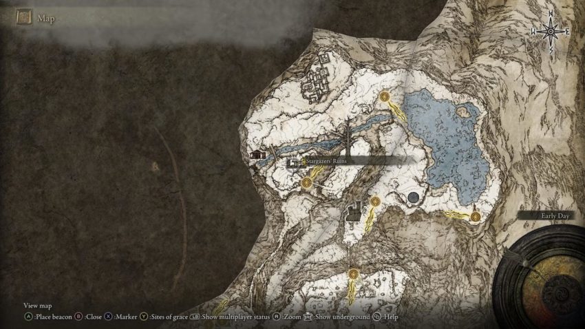 Screenshot of Elden Ring's map showing the location of the Stargazers' Ruins.