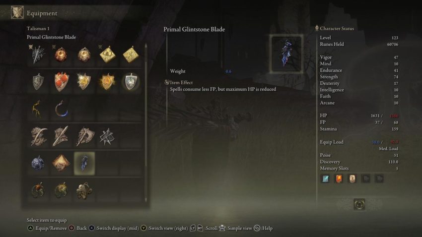 Screenshot of Elden Ring showing the Primal Glintstone Blade item description