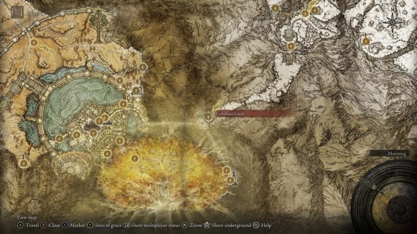 Screenshot of Elden Ring's map showing the location of the Forbidden Lands