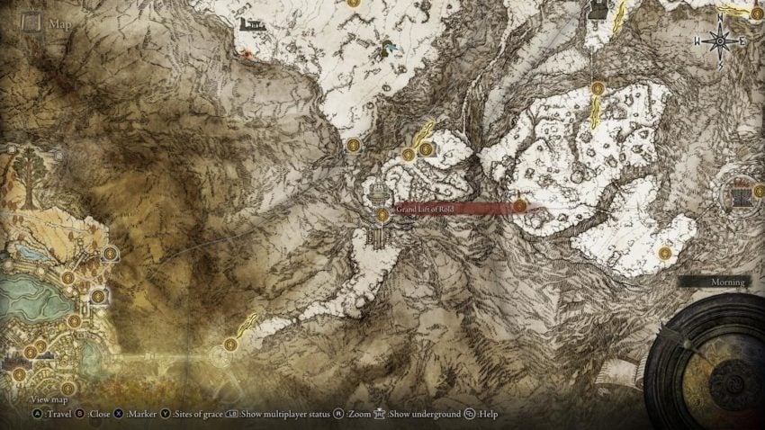 Screenshot of Elden Ring's map showing the location of the Grand Lift of Rold.