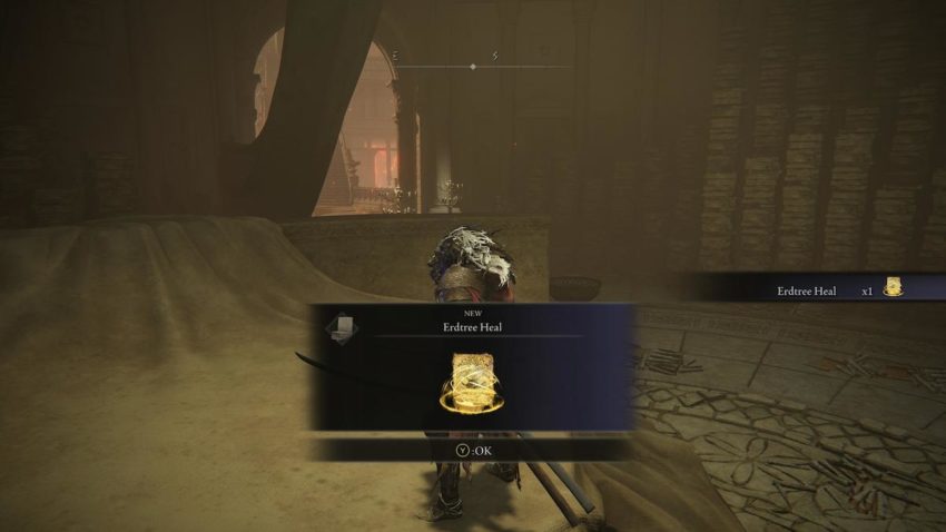 Screenshot of Elden Ring showing Tarnished picking up the Erdtree Heal incantation.