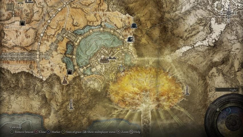Screenshot of Elden Ring's map showing the location of the Erdtree Heal incantation.
