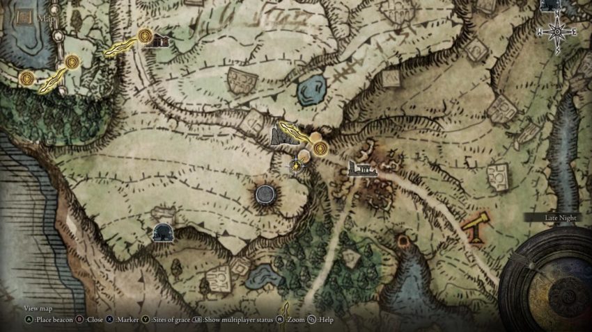 Screenshot of Elden Ring's map showing the location of the Arrow's Reach talisman.