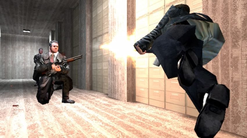 Max Payne shooting suited men wielding shotguns.