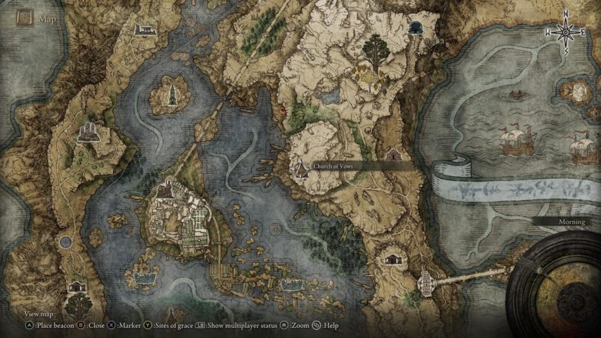 Screenshot of Elden Ring's map showing the location of the Church of Vows