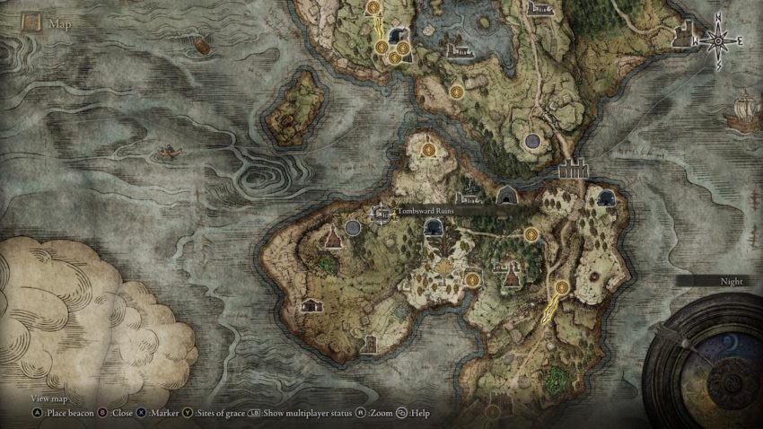Screenshot of Elden Ring's map showing the location of Tombsward Ruins.