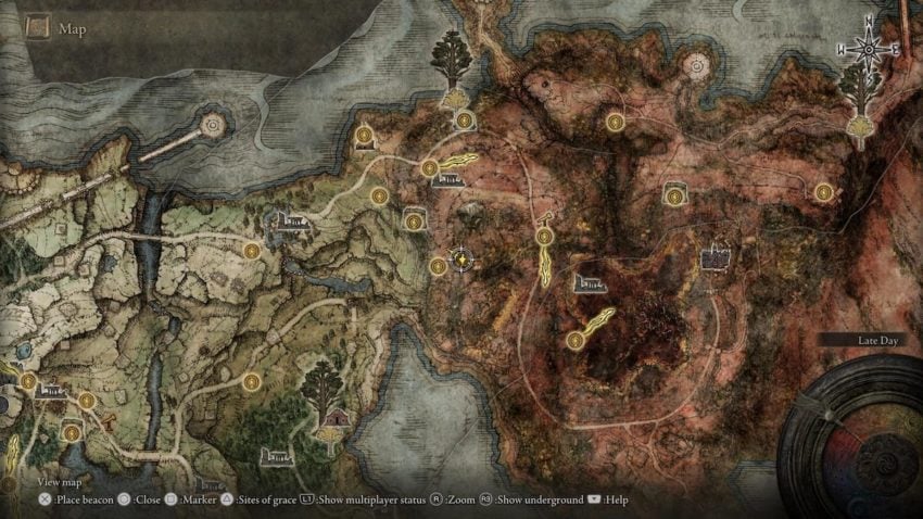 Screenshot of Elden Ring's map showing the location of the Flame of the Redmanes Ash of War