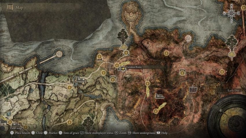Screenshot of Elden Ring's map showing the location of the Forsaken Ruins