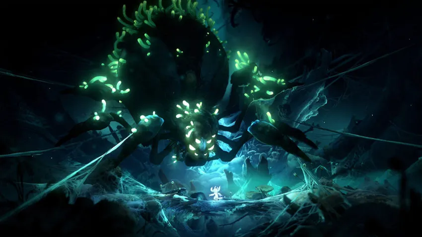 Ori staring at an evil giant spider in Ori and the Will of the Wisps