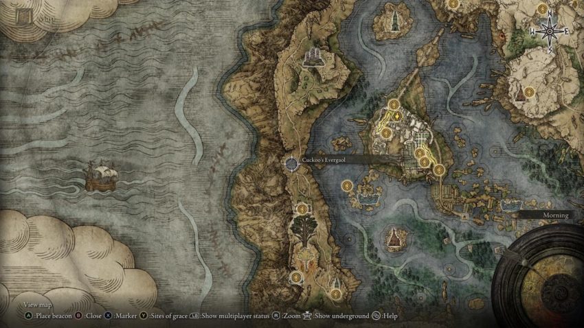Screenshot of Elden Ring's map showing the location of Cuckoo's Evergaol