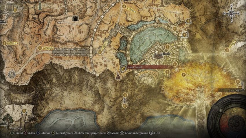 Screenshot of Elden Ring's map showing the location of the Hidden Tunnel