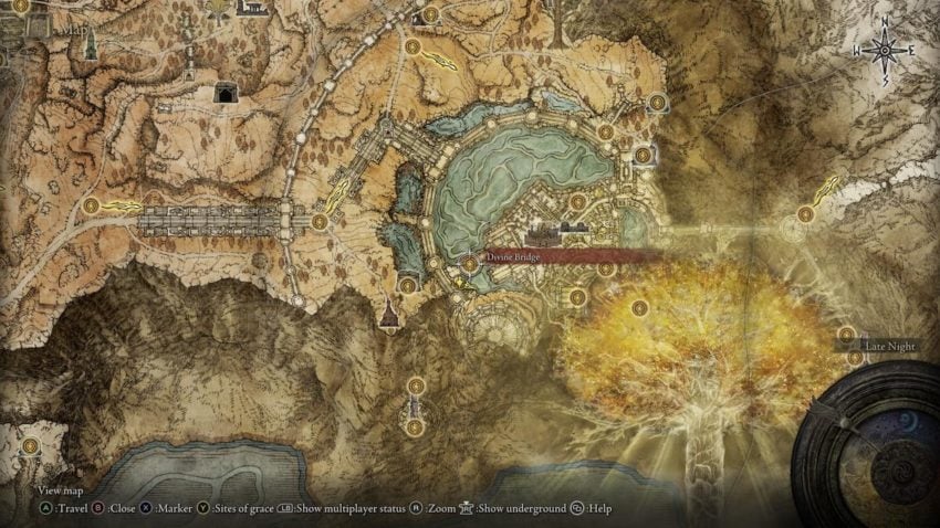 Screenshot of Elden Ring's map showing the location of the Divine Bridge