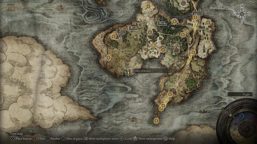 Screenshot of Elden Ring's map showing the location of the Tower of Return
