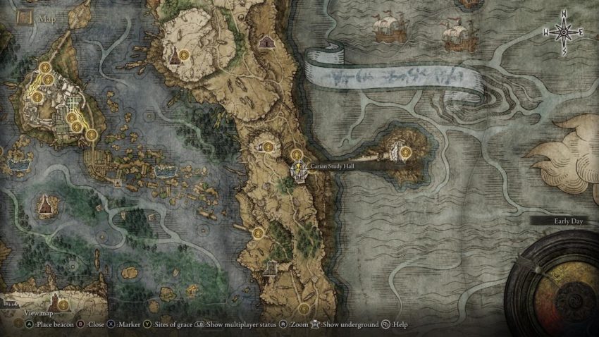 Screenshot of Elden Ring showing the location of the Carian Study Hall.