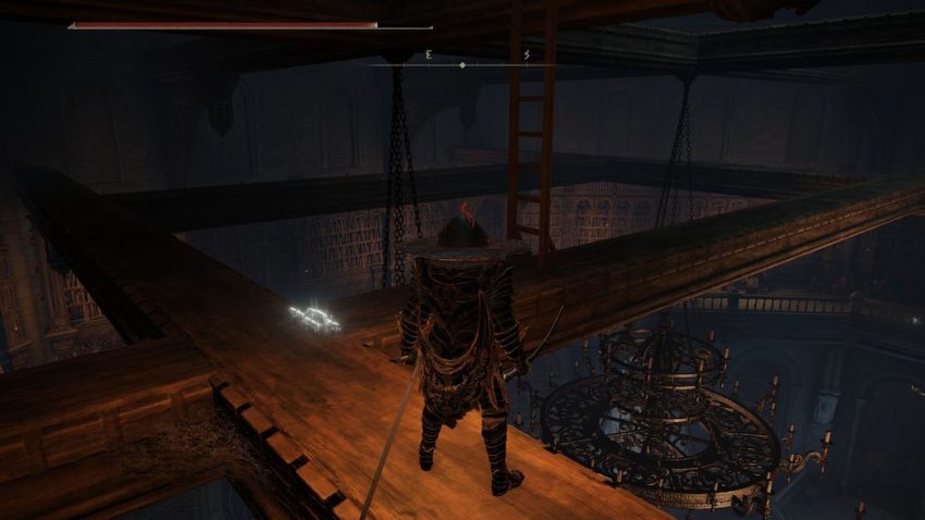 Screenshot of Elden Ring showing a ladder in the Carian Study Hall