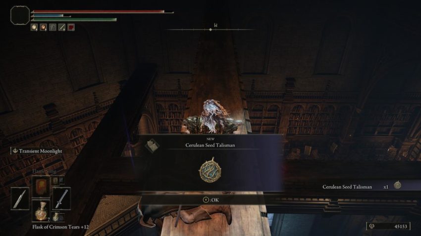 Screenshot of Elden Ring showing the Tarnished picking up the Cerulean Seed Talisman.